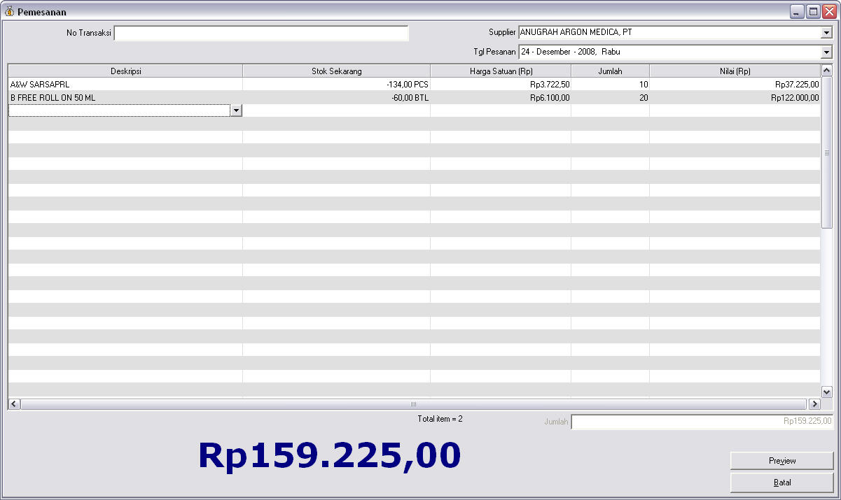 Layar Pemesanan Barang Ke Supplier Software Apotek AKUA